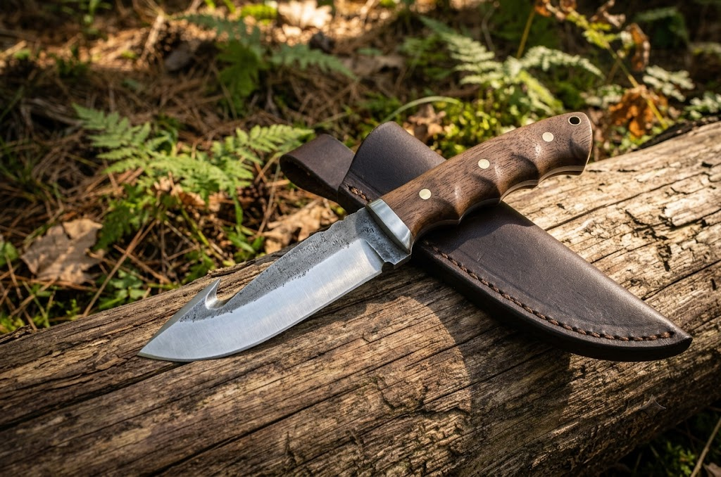 Hunting knife with gut hook on the spine